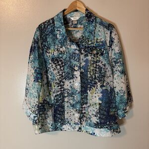 CJ Banks Artsy Button Up Top Semi Sheer Geometric Blouse Sz 2X